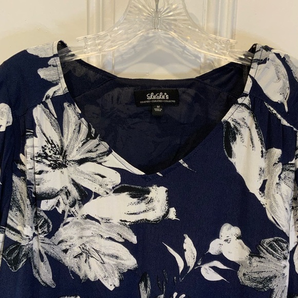 Lulu's V Neck Navy and White Floral Long Sleeve Dress - Picture 2 of 5